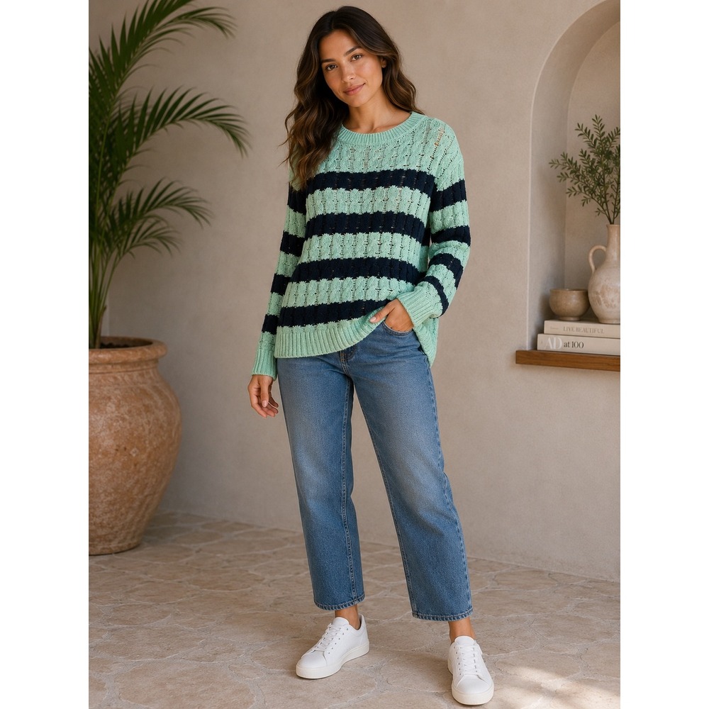 Pilcro Anthropologie Striped Cable Knit Open Weave Sweater Mint Navy Small